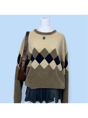 90s beige brown argyle preppy academia skater sweater